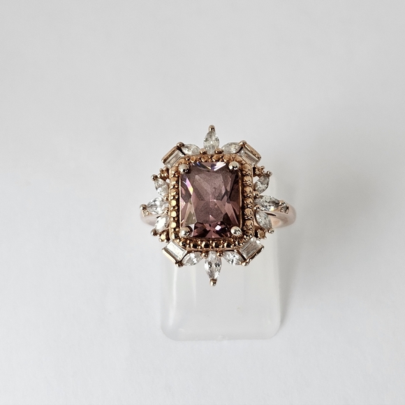 Estate Jewelry - Art Deco Style Morganite & Diamond Simulants 18K Rose Gold Sterling Silver Sz 5